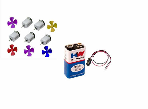 Picture of 5 Dc Motor 3V-6V, with 5 Plastic Fan Blade ,1 9 V Battery and 1 9V Battery Clip(cap)