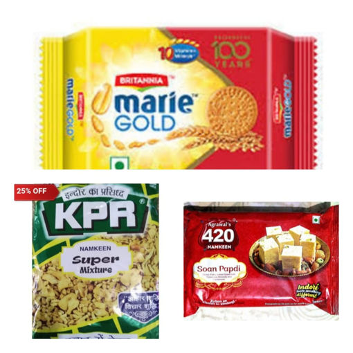 Picture of (Combo Offer 3in1) Agrawal's 420 Soan Papdi (200g) Or KPR Super Mixture (500g) Packet or BRITANNIA Marie Gold Biscuits (250g)