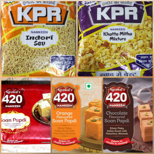Picture of ( Combo Offer 5in1 )KPR INDORI SEV (500g) Packet or KPR Khatta Mitha Mixture (500g) Packet or Agrawal's 420 Soan Papdi (200g) or Agrawal's Orange Soan Papdi (200g) or Agrawal's Soan Papdi Chocolate (200g)