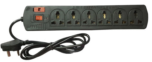 Picture of extension board 6 plug with 6 individual switches fuse spark, 6 Plug Point Extension Strip with Fuse & Spark Suppressor Extension Board with Master Switch, LED Indicator, International Sockets, Extension Cord-Black