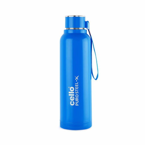 Picture of Cello Puro Steel-X Benz Inner Steel Outer Plastic with PU Insulation Water Bottle, 900 ml (Blue)